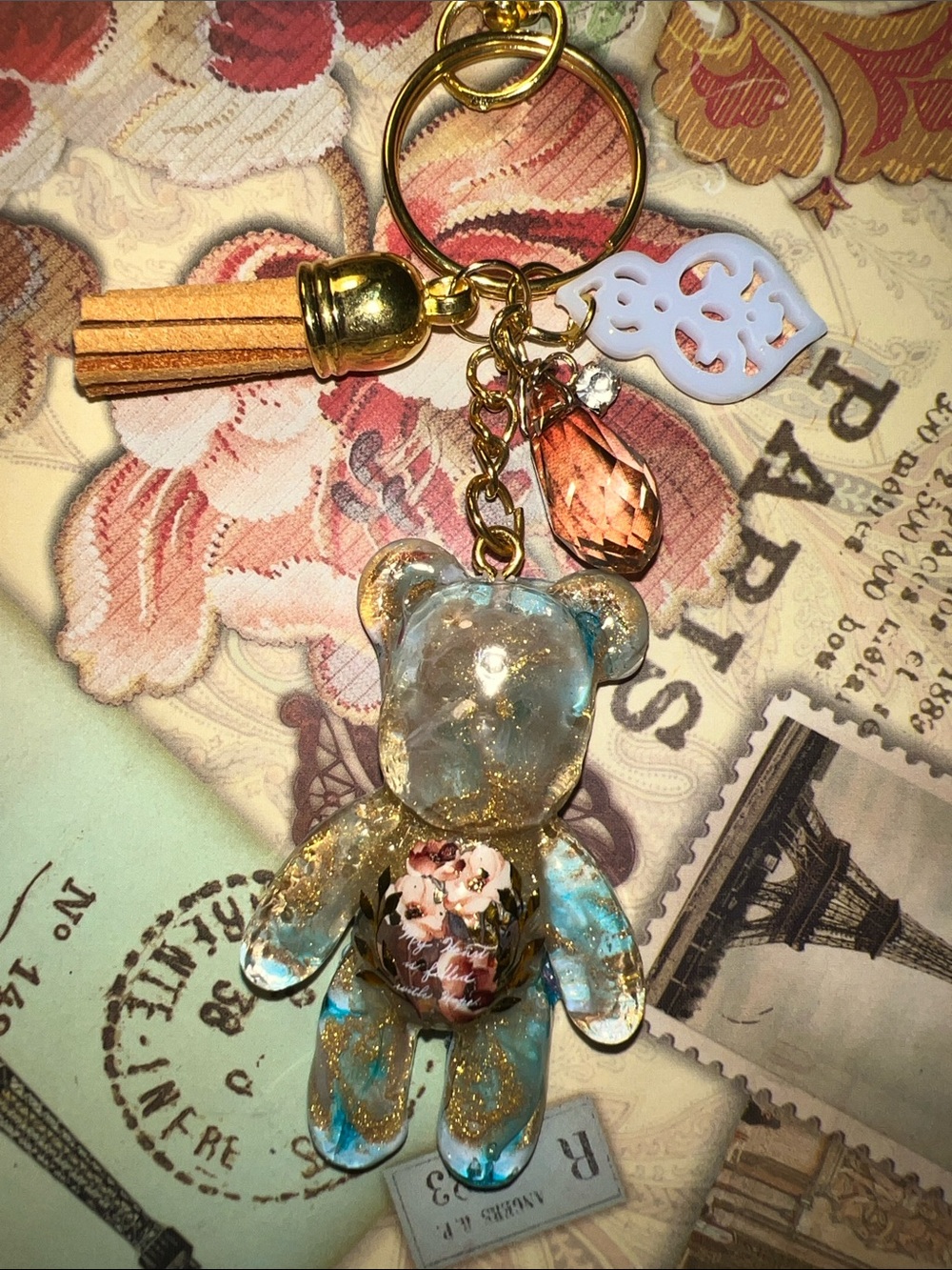 Tiffany blue and Gold Teddy Bear Keychain, backpack or Bag Charm